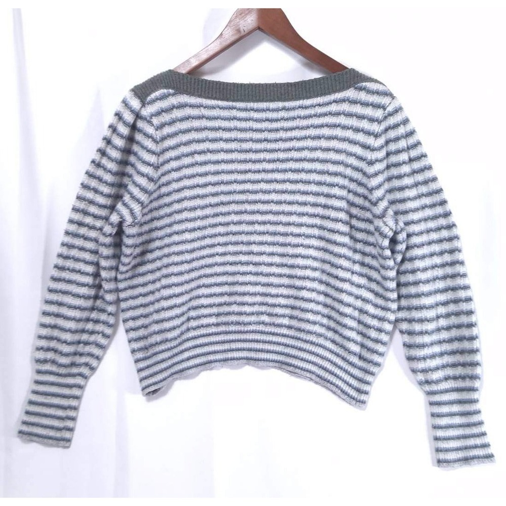 Nine West Striped Cropped Sweater Women's XL Puff Sleeve Pullover Knit Gray Blue - Picture 2 of 9